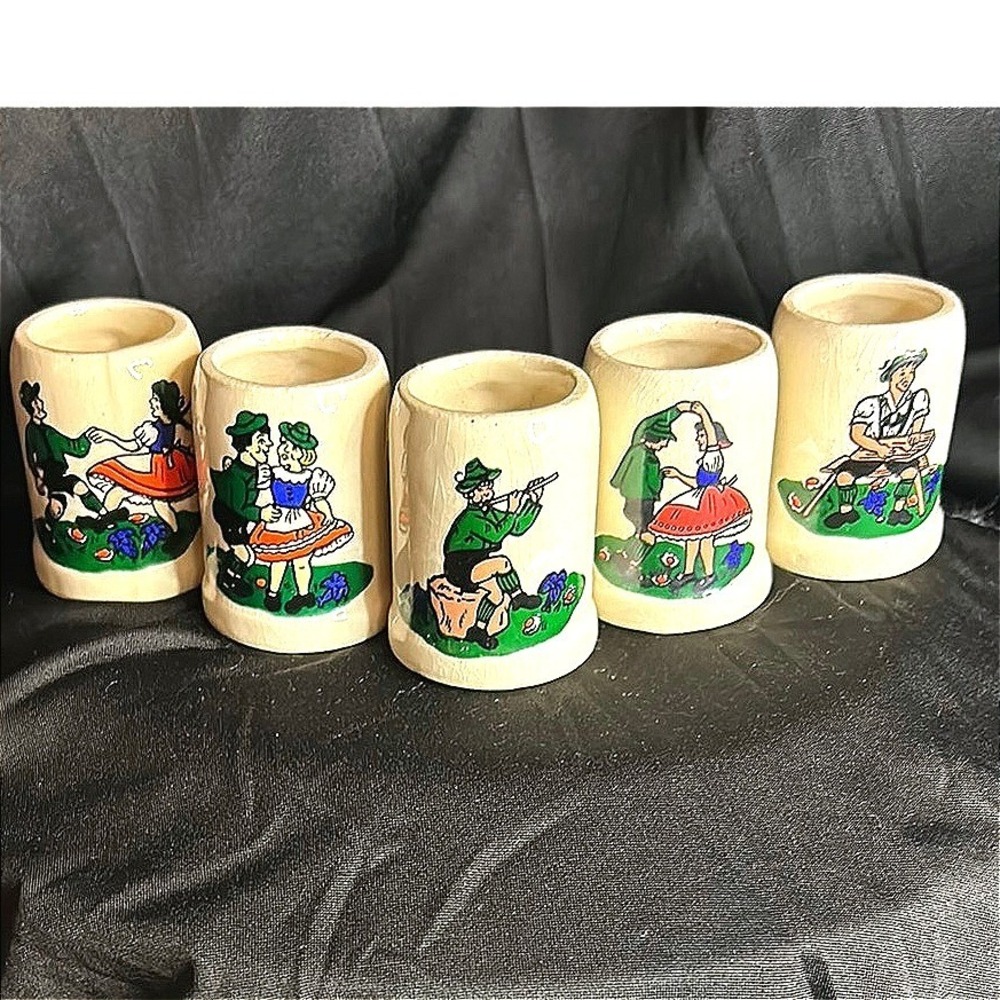 Vintage Mini Ceramic Beer Steins Folk Art Shot Mugs Set of 5 2"
